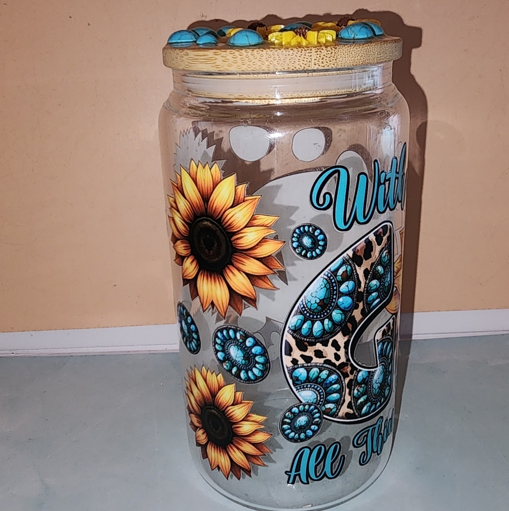 Sunflowers and Turquoise glass 16oz tumbler with custom lid.